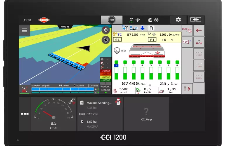 Vue de l'écran du terminal CCI 1200 en cours de modulation de dose au semis avec un semoir monograine MAXIMA 3