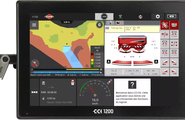 Photo du terminal CCI 1200 ISOBUS avec le distributeur d'engrais AXIS