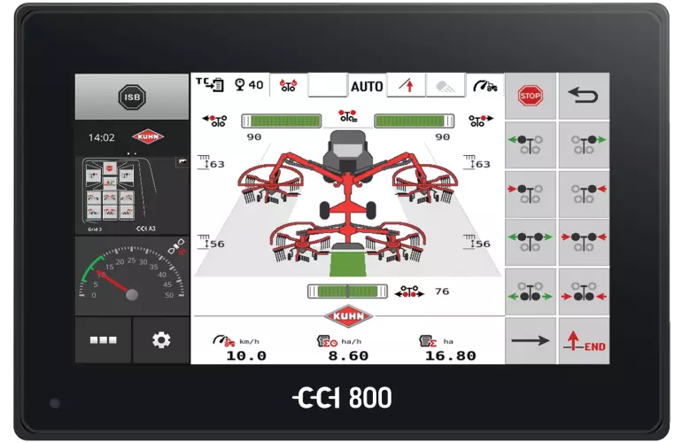 Photo du terminal ISOBUS CCI 800 avec vue de l'andaineur 4-rotors GA 13231