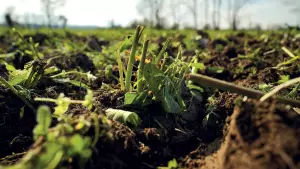 stems of plants in cover crop broke up by chopper roller