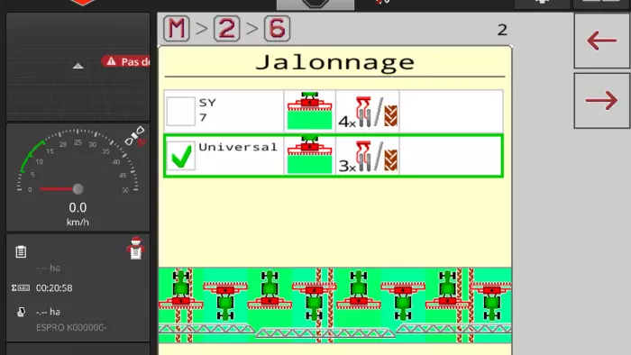 Ecran terminal CCI 1200 montrant la selection du jalonnage universel