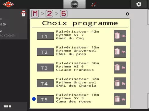Ecran terminal CCI 1200 montrant la possibilité d'enregistrer cinq configurations de jalonnage différentes