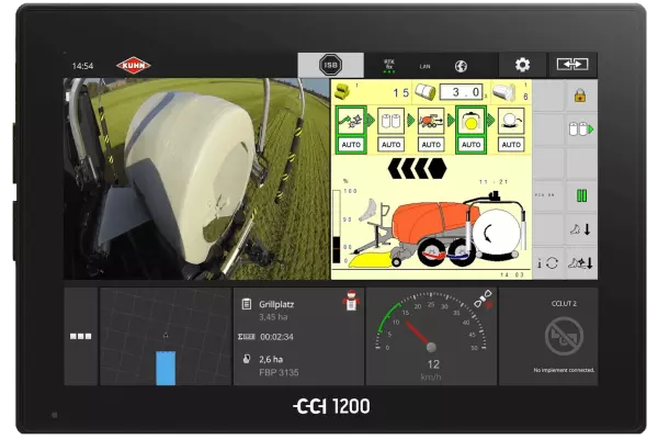 Terminal CCI 1200 montrant l'affichage vidéo de l'enrubannage d'une balle en direct