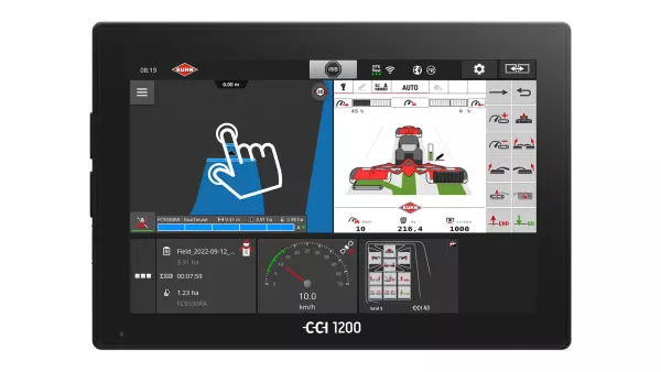 CCI 1200 terminal with a hand representation showing the intuitive browsing thanks to the MultiTouch function.