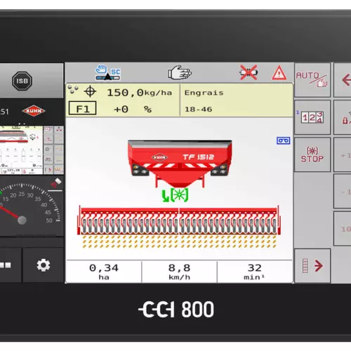 Terminal ISOBUS CCI 800 montrant un écran au travail avec trémie frontale TF 1512