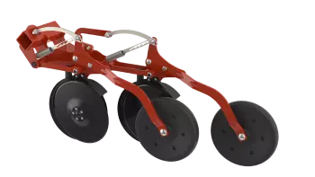 Photo éléments semeurs SEEDFLEX sur la barre de semis VENTA CSC 6000 avec double disque décalés sur parallélogramme