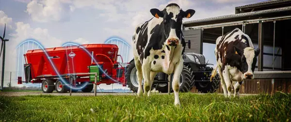 Des vaches devant une stabulation et une mélangeuse traînée EUROMIX de KUHN