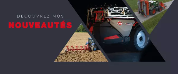 Visuel des nouveautés KUHN pulvérisateur trainé KARAN, charrue portée MASTER M, faucheuse triple GMD 15030